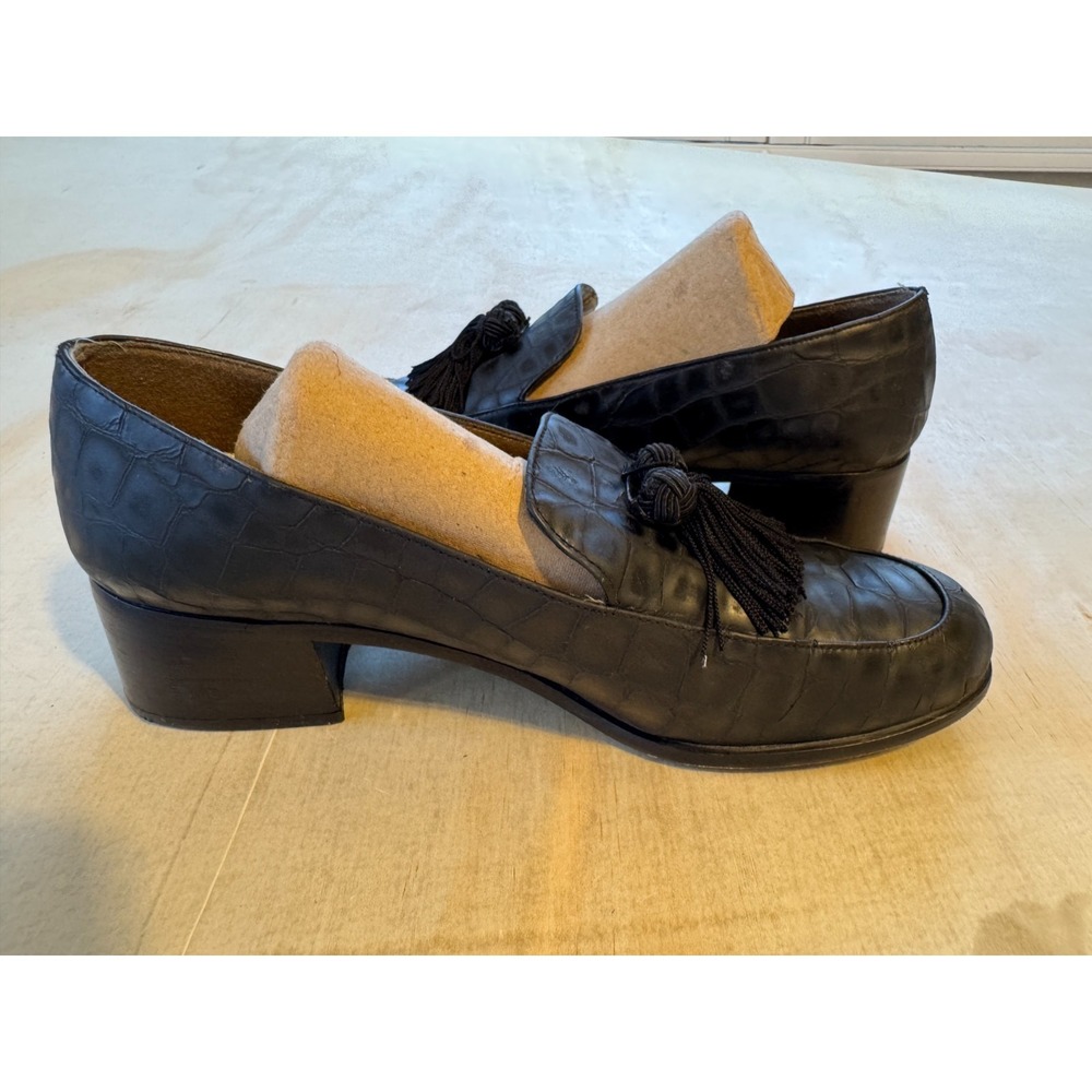 Stuart Weitzman Loafer Shoes Womens 6.5M Black Leather Heel Croc Embossed Tassel - Picture 5 of 10